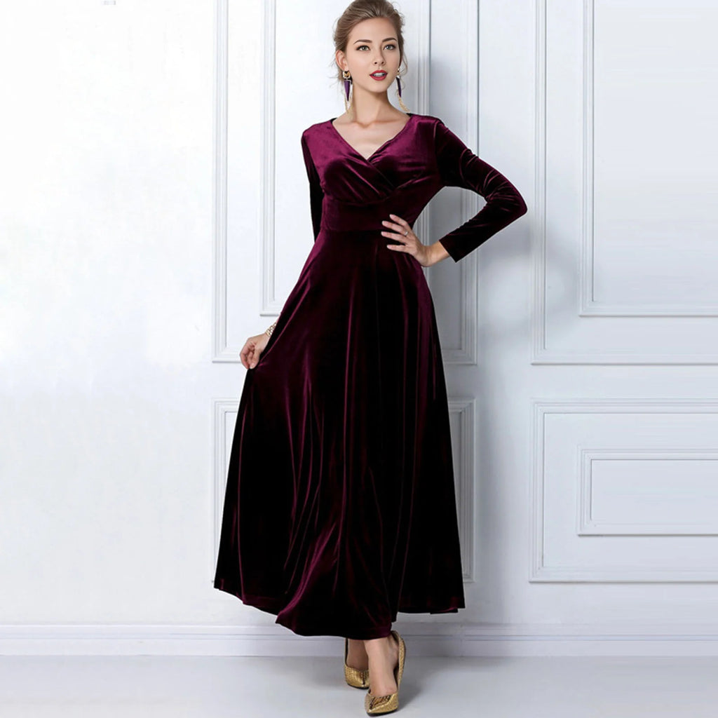 Vintage Women Autumn Long Sleeve V Neck Pleated Velvet Banquet Party Maxi Dress Party Wedding Elegant Evening dress 