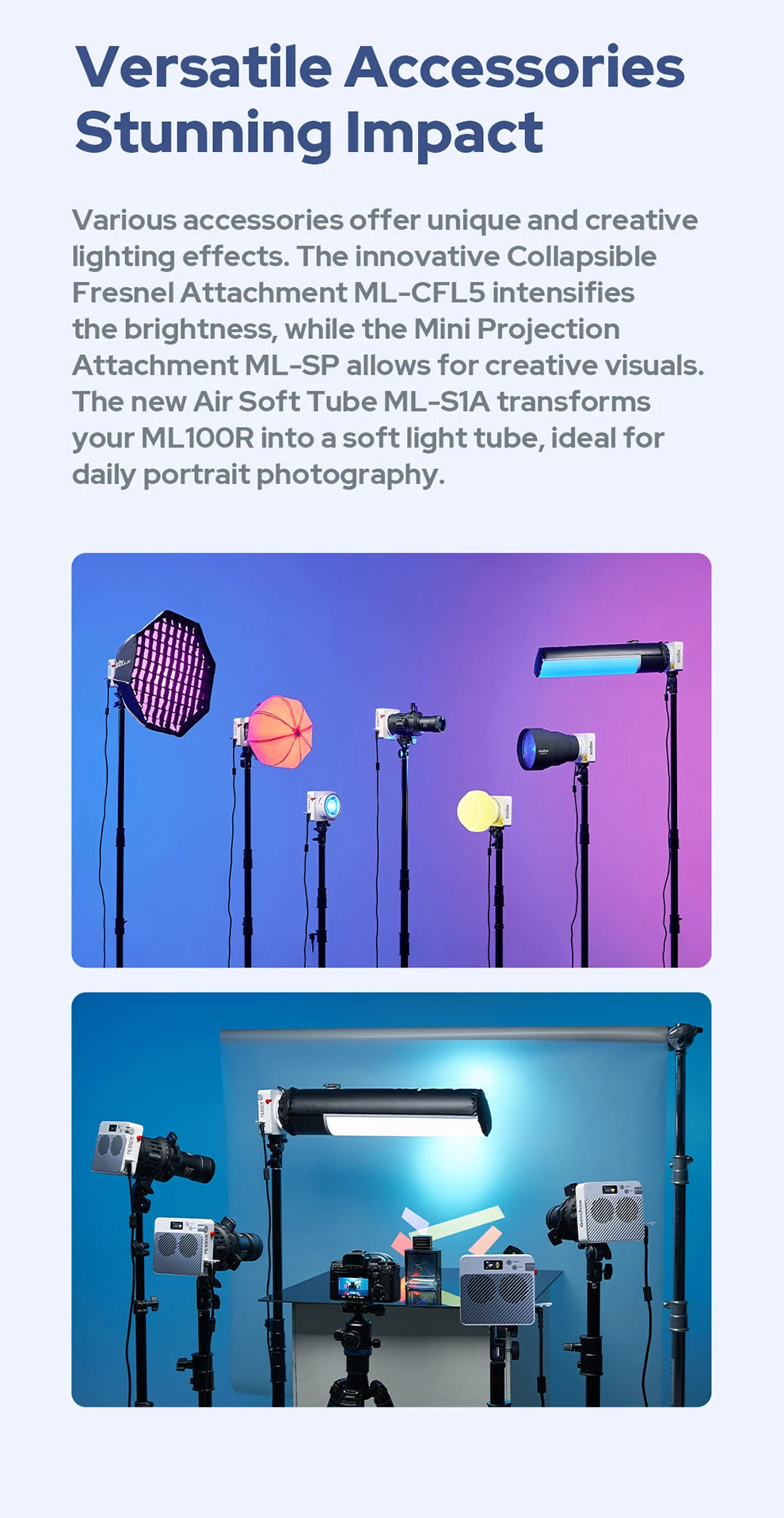 Studio lighting attachments including a collapsible Fresnel, projection lens, and soft tube mounted on light stands.