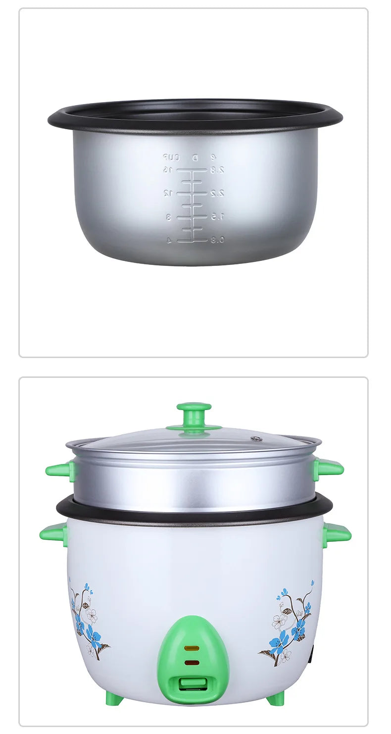 Electric mini rice cooker with white body, green lid knob, and glass cooking lid