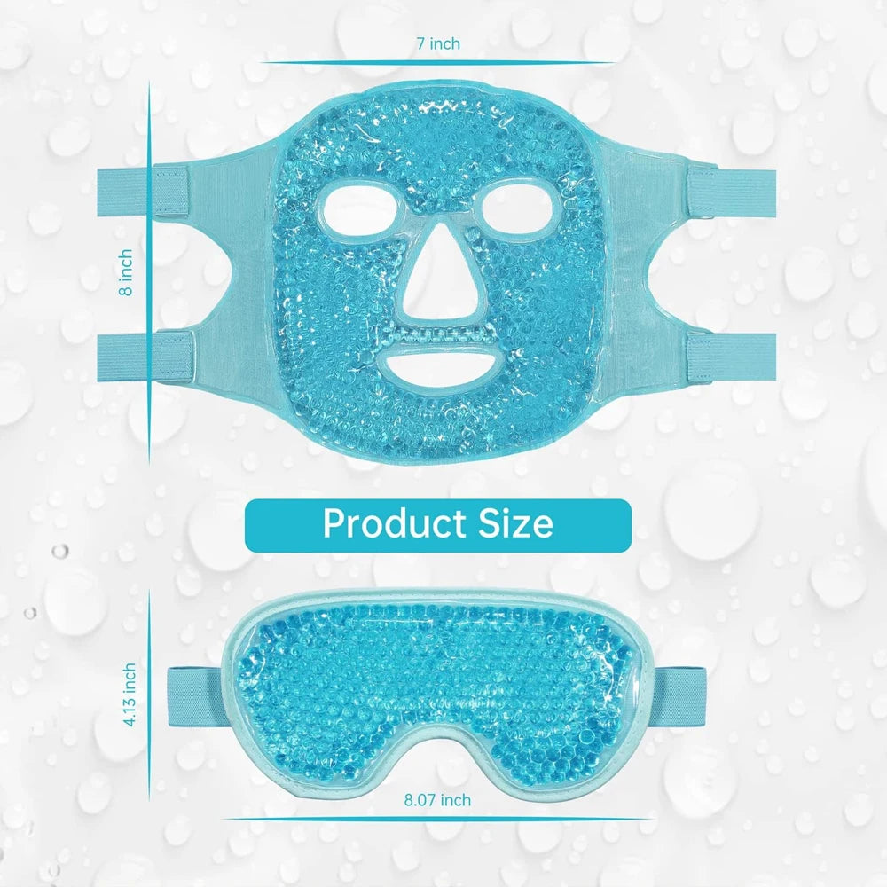 Blue gel bead face mask and eye mask set with measurement labels on a water-droplet patterned background.