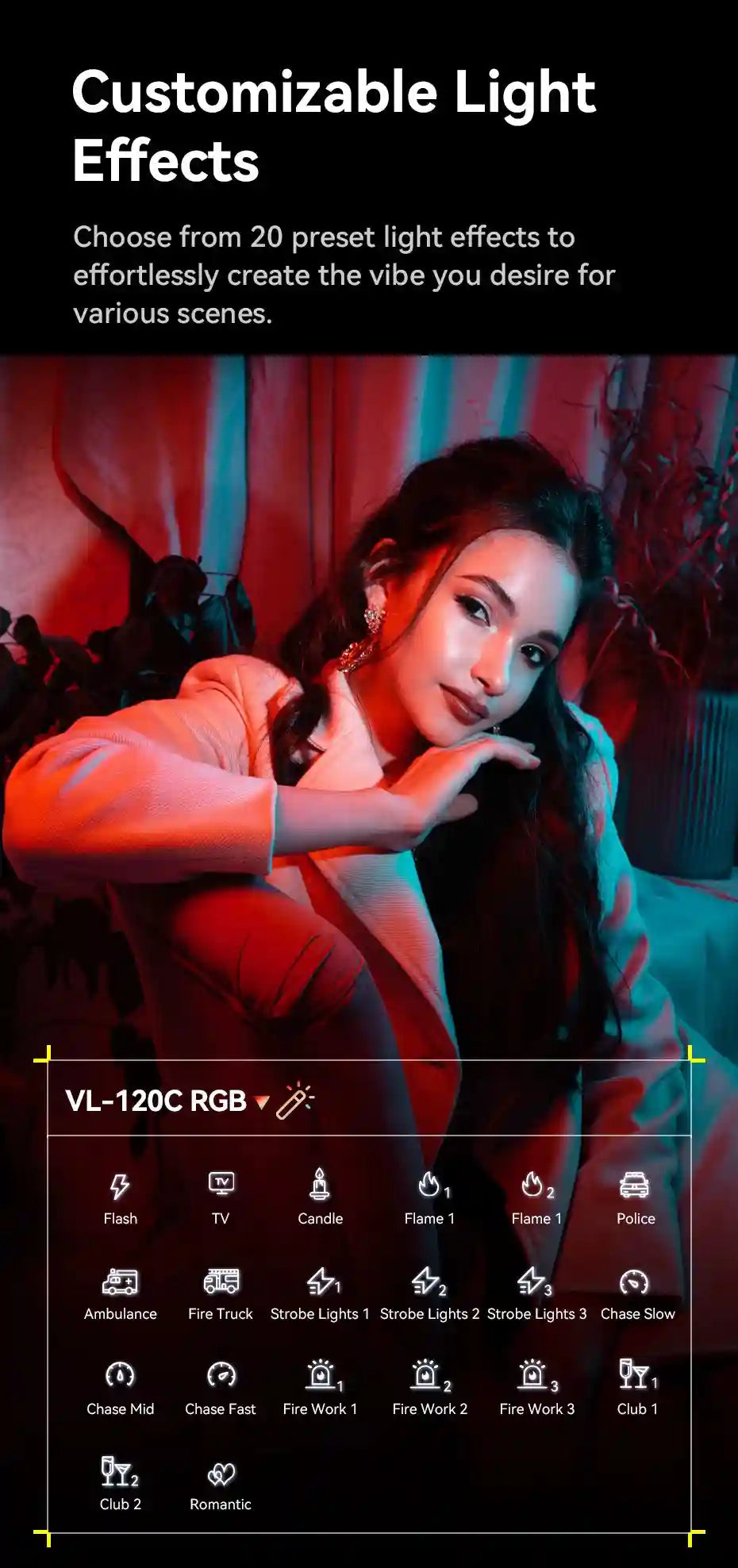 VL-120C RGB portable LED light with 20 preset lighting effects for photography, video, and atmosphere creation.