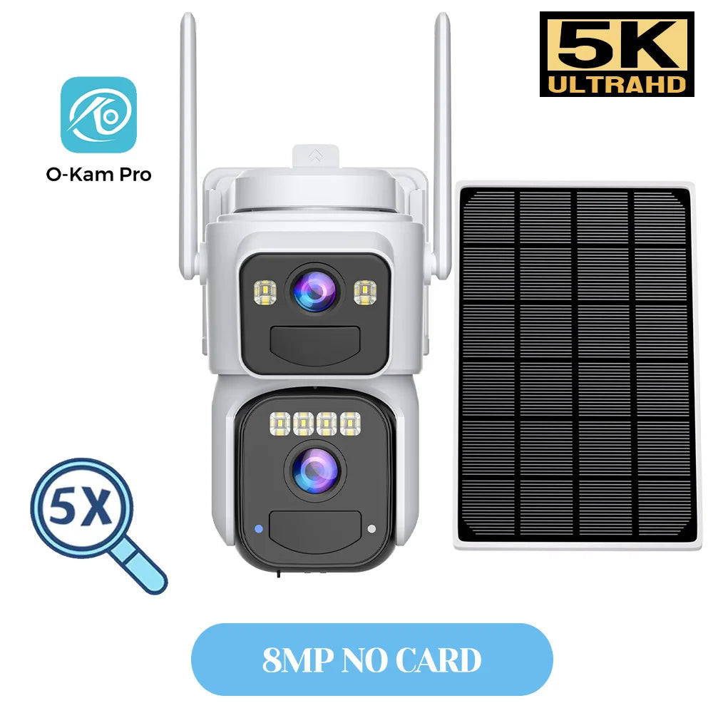 White solar Wi-Fi outdoor security camera with dual lenses, 8MP, no SD card included