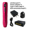 Magenta wireless tattoo pen kit with power adapter, Type-C cable, RCA converter, and branded box.