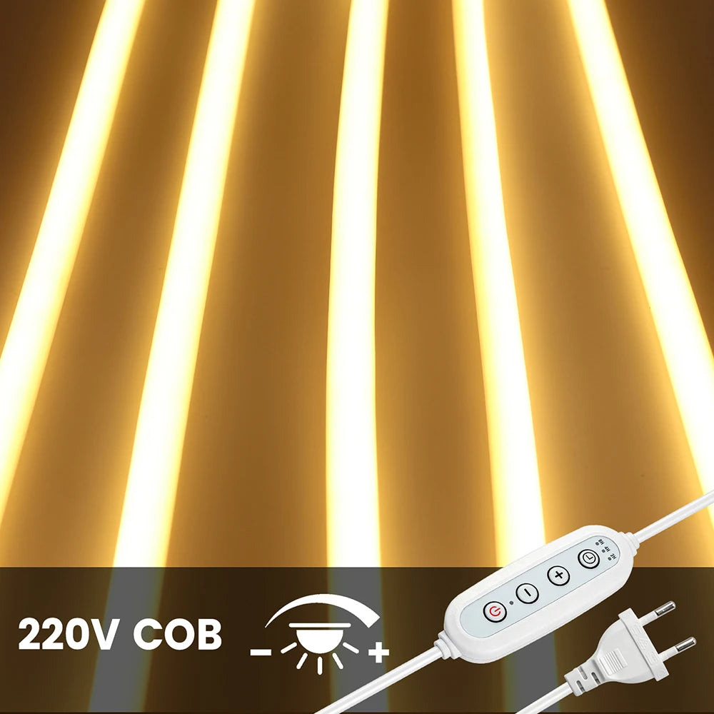 Dimmable 220V COB LED Neon Strip Light 4key Controller EU Plug Flex Tube 3000K 4000K 6000K for Staircase Bar Counter Lighting