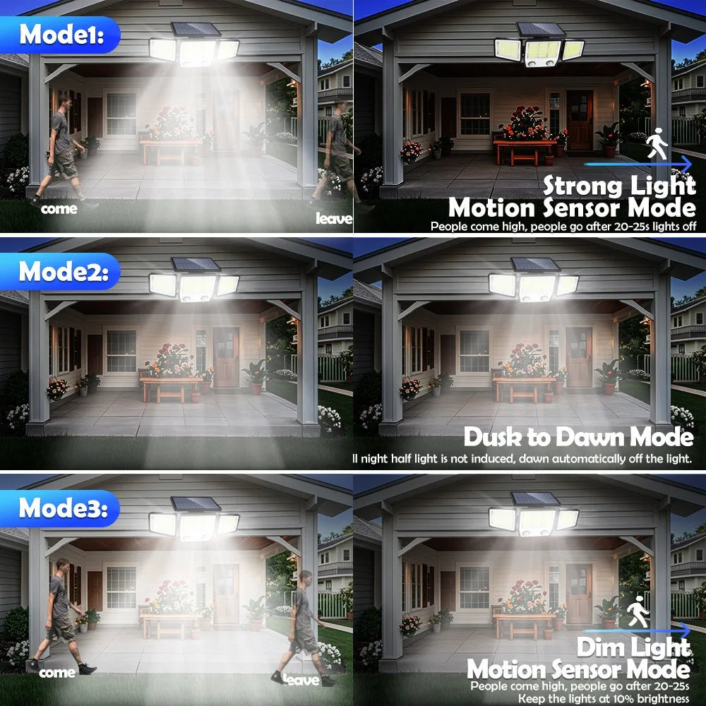 Solar Lights Outdoor 3 Heads Motion Sensor 286/236LED Security Flood Lights Waterproof 3 Modes Wall Lamp for Garden Patio Yard