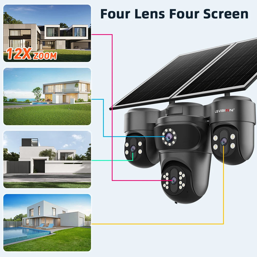 LS VISION Four Screens Camera Outdoor House Surveillance Cameras  4G SIM Wireless Camera Humanoid Automatic Tracking Ai Zoom