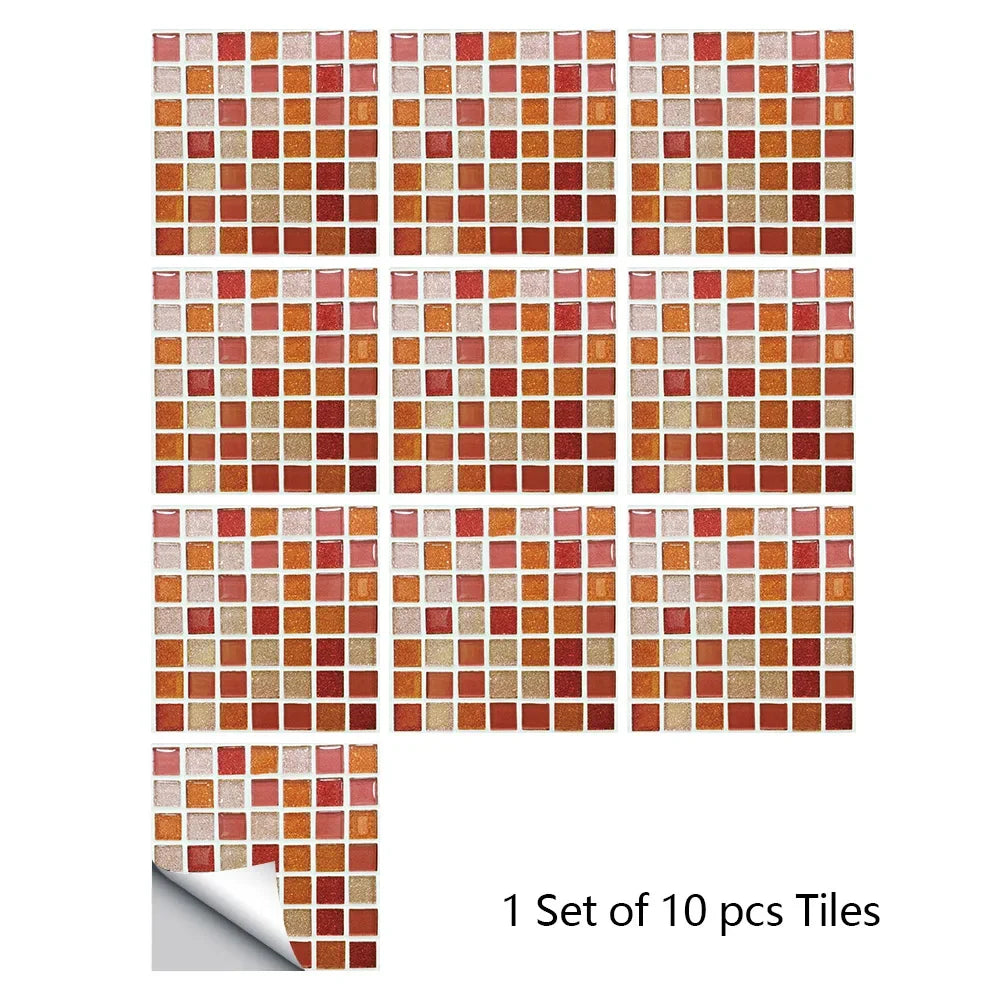 Red and brown marble mosaic tile stickers, 10-piece set with small square grid pattern