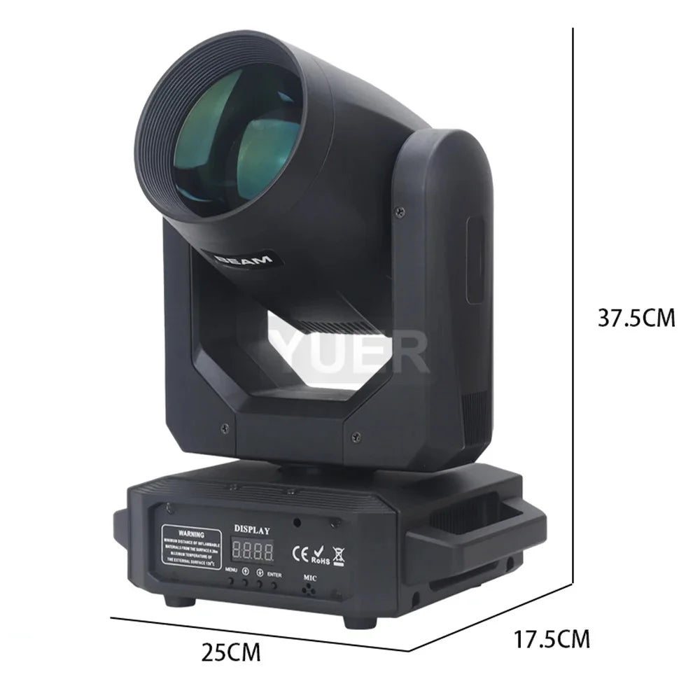 Black LED moving head spotlight with front lens and control panel ports on base