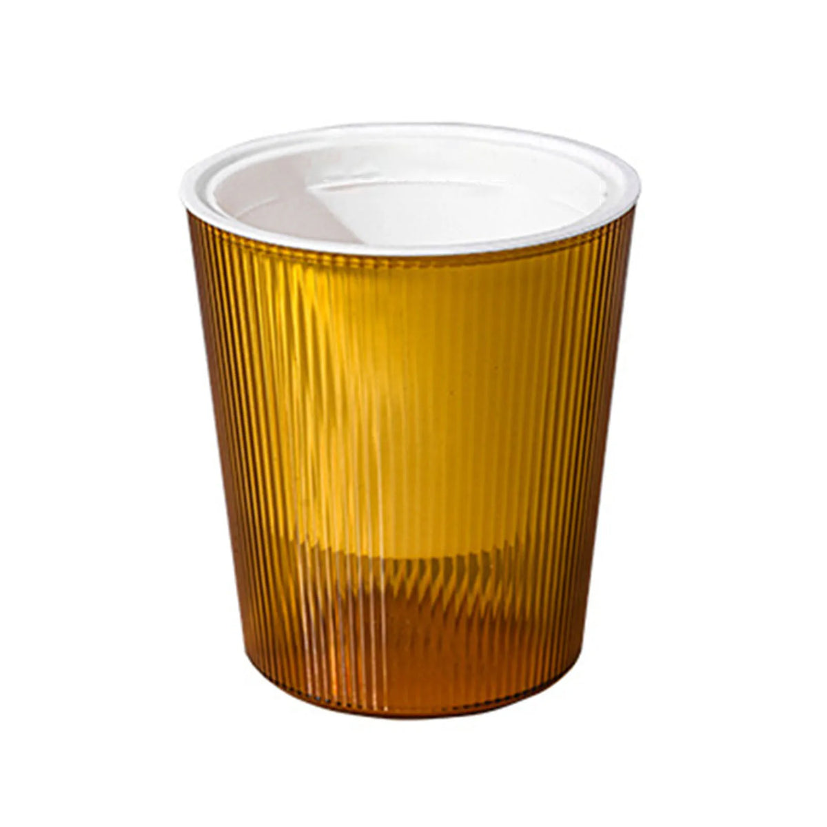 Translucent yellow self-watering planter pot with vertical ridges and inner water line.