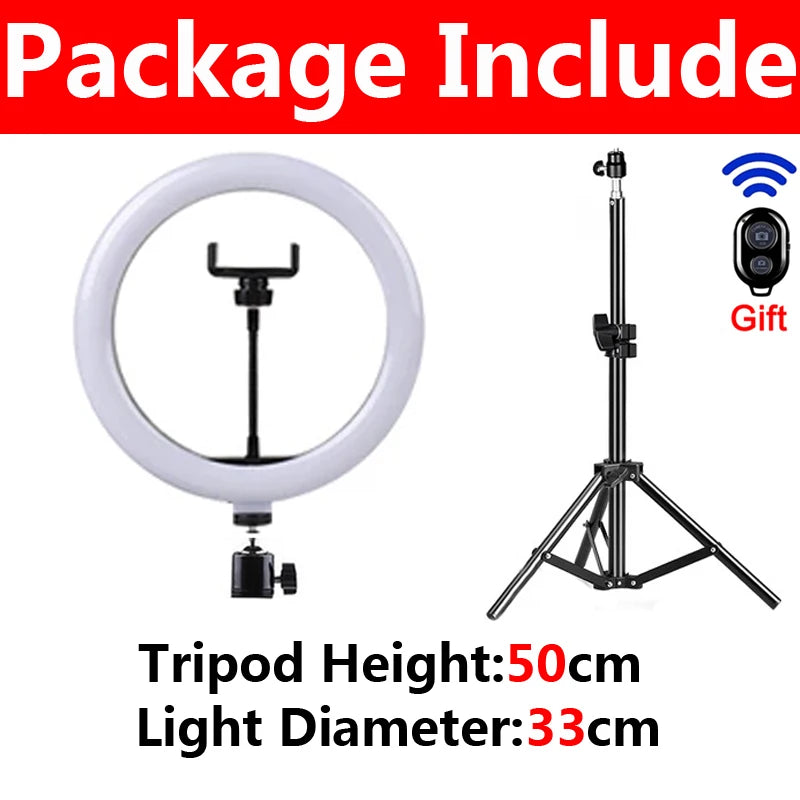 33cm ring light with phone holder, 50cm black tripod stand, and wireless remote control for photography and streaming.