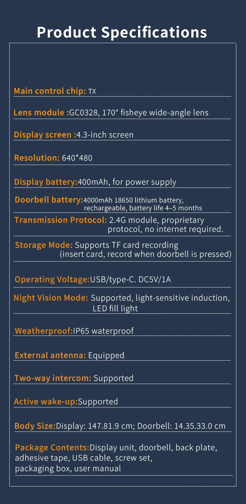 Waterproof 4000mAh Video Monitoring Doorbell 4.3 Inch IPS screen PIR motion sensor Two-way intercom 1080P Video Doorbell Camera