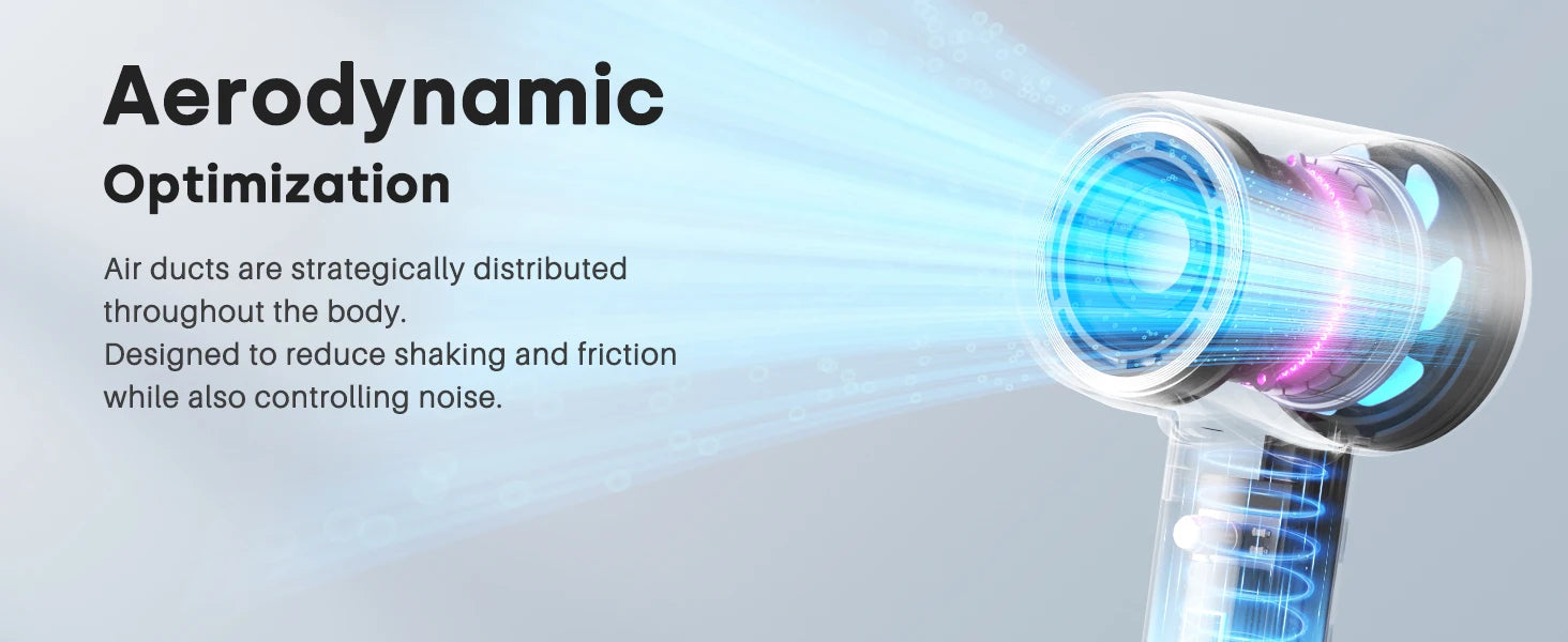High-speed hair dryer with aerodynamic, noise-reducing internal design for fast drying and ionic hair care.