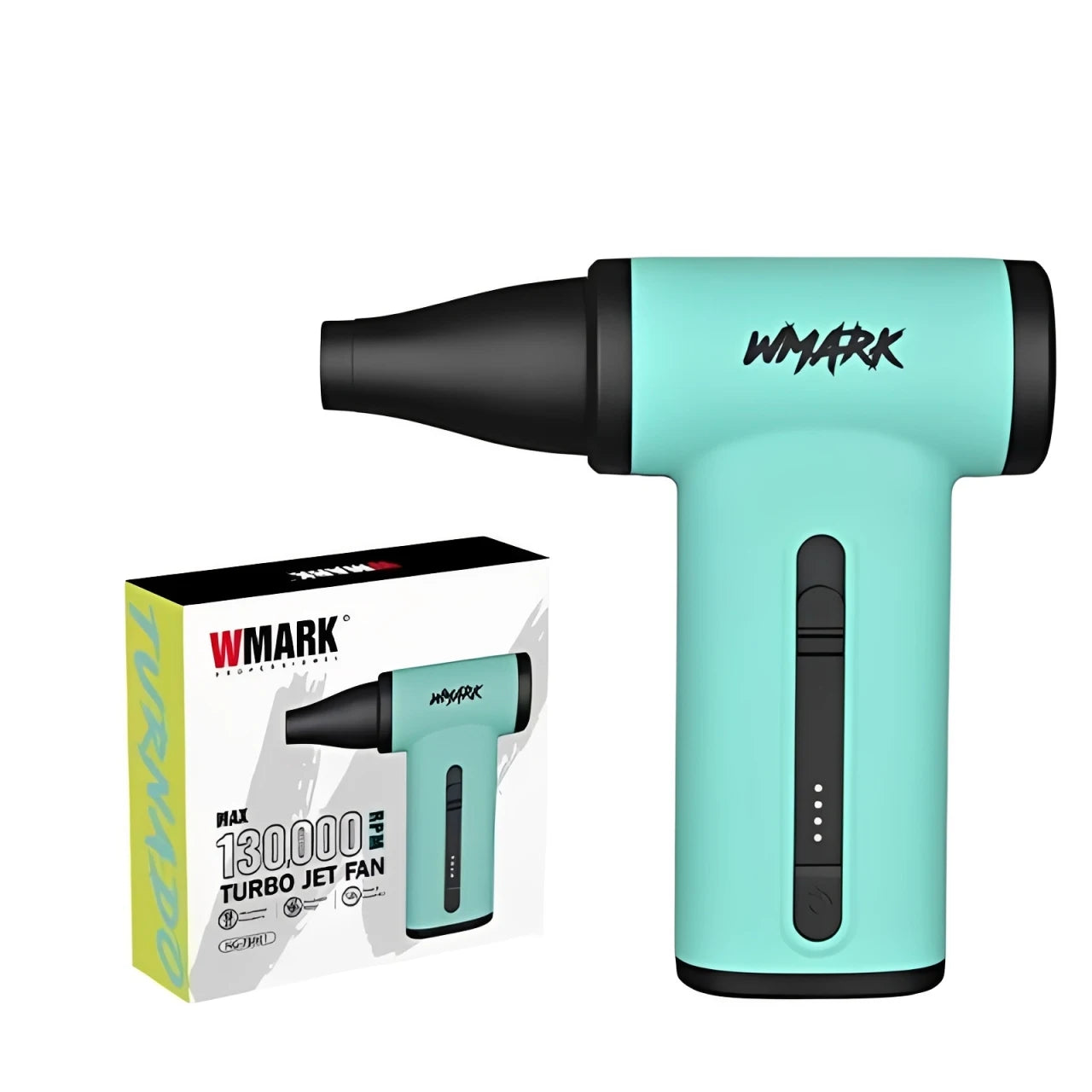 WMARK cordless turbo jet fan: mint green handheld air blower, 130k RPM motor, and nozzle attachment in box.