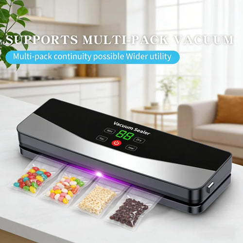 Grey wireless vacuum sealer with countdown display and purple sealing light, beside snack bags