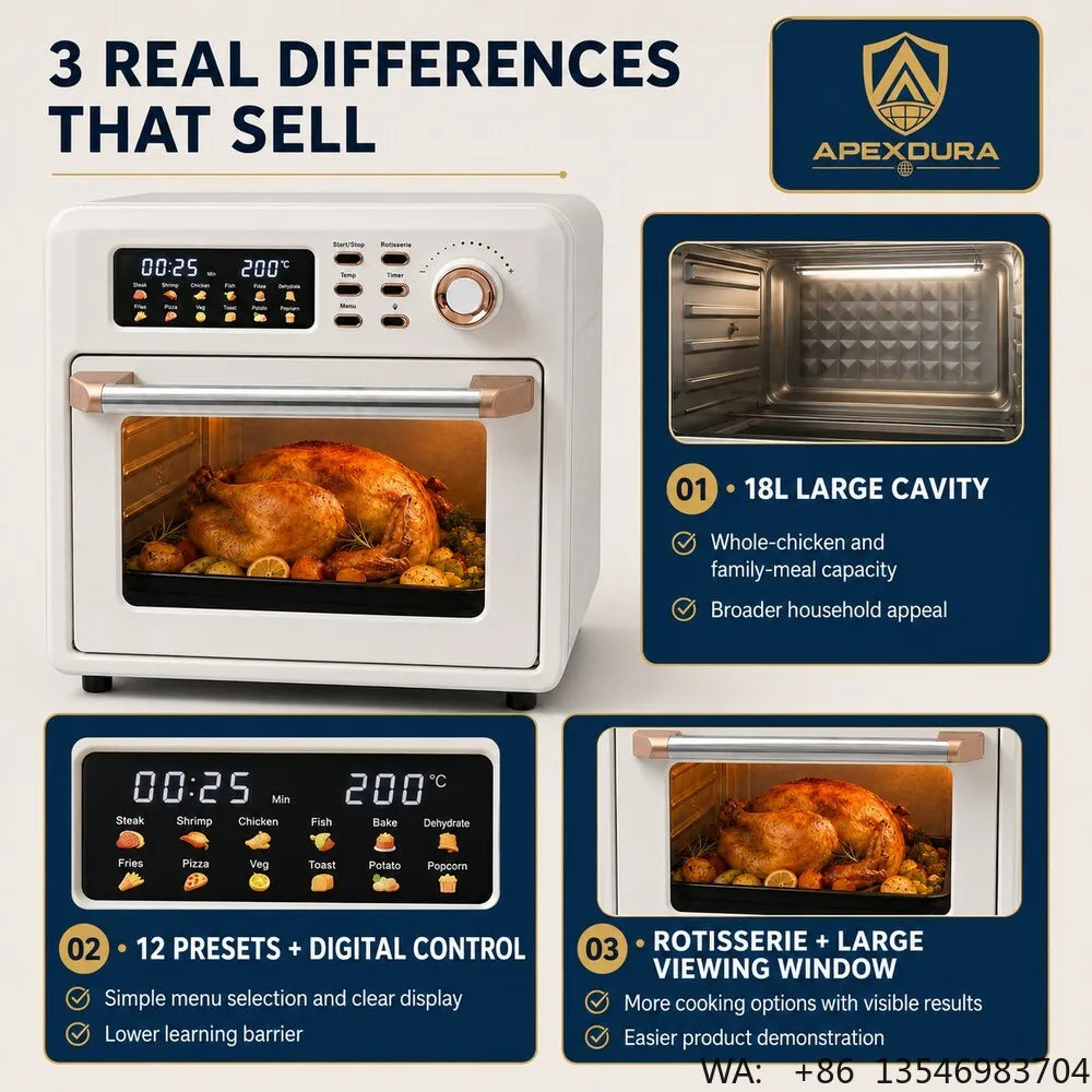 18L Large Capacity Air Fryer Oven Rotisserie Digital 12 Presets 120min Timer CE CB OEM Factory