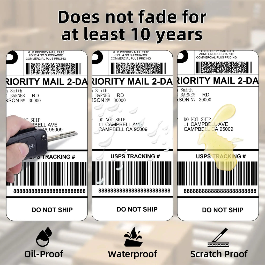 Three sample shipping labels showing oil-proof, waterproof, and scratch-proof durability icons