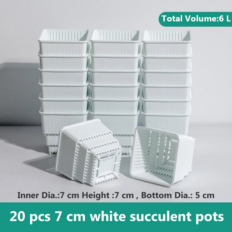 White 7 cm succulent plastic pots with tray, 20 pcs in stacked set