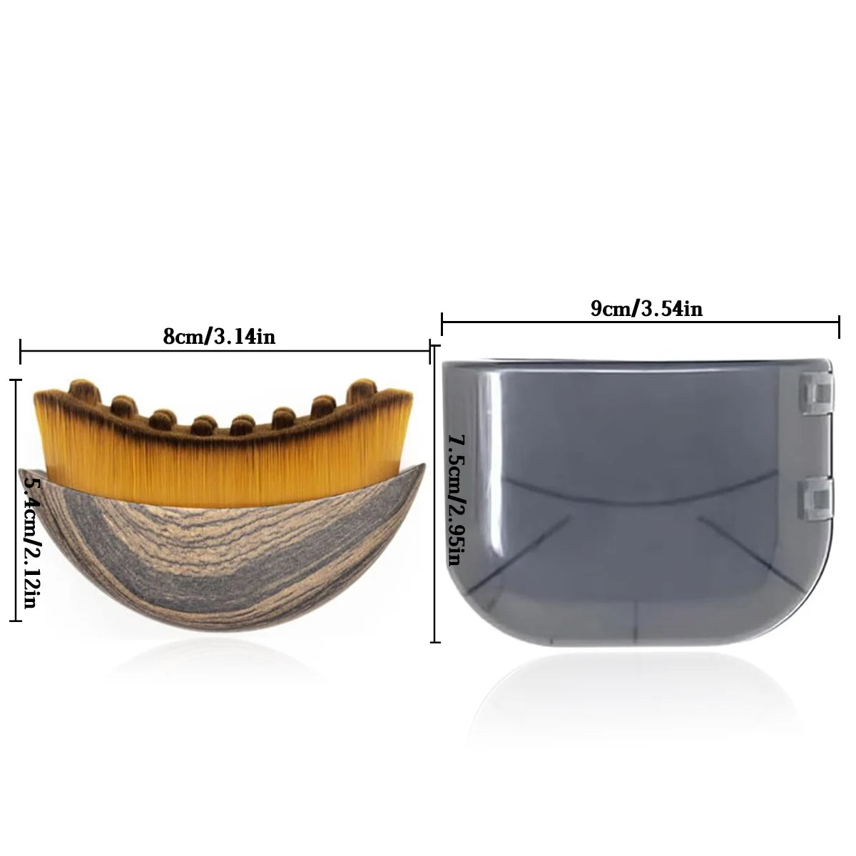 Curved facial massage brush with wood-grain handle and orange bristles, alongside a grey plastic storage case.