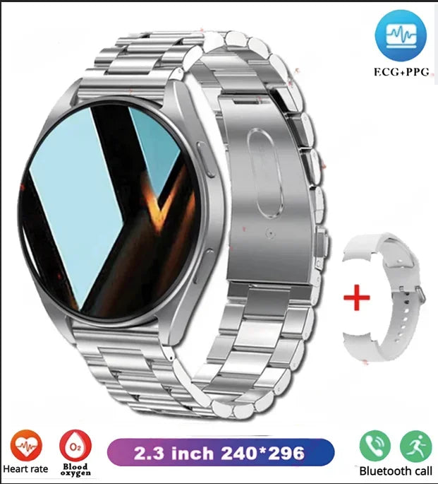 Stainless steel Bluetooth smart watch with blue screen and metal link bracelet; includes extra band
