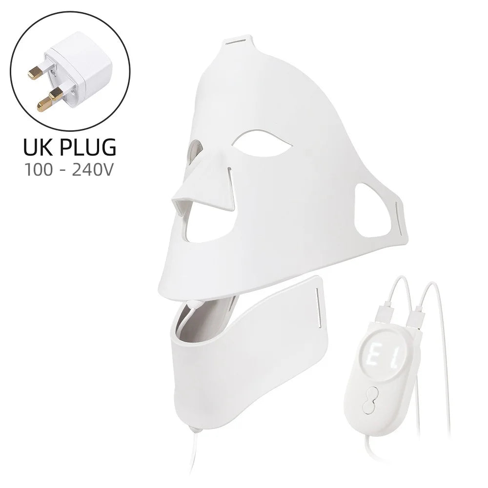 White silicone LED facial and neck mask with remote control and UK power adapter.