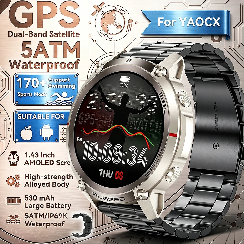 2026 New Outdoor GPS Smart Watch Map Compass Navigation 5ATM Waterproof Bluetooth Call 100+Sport Mode Men AMOLED HD Smart Watch