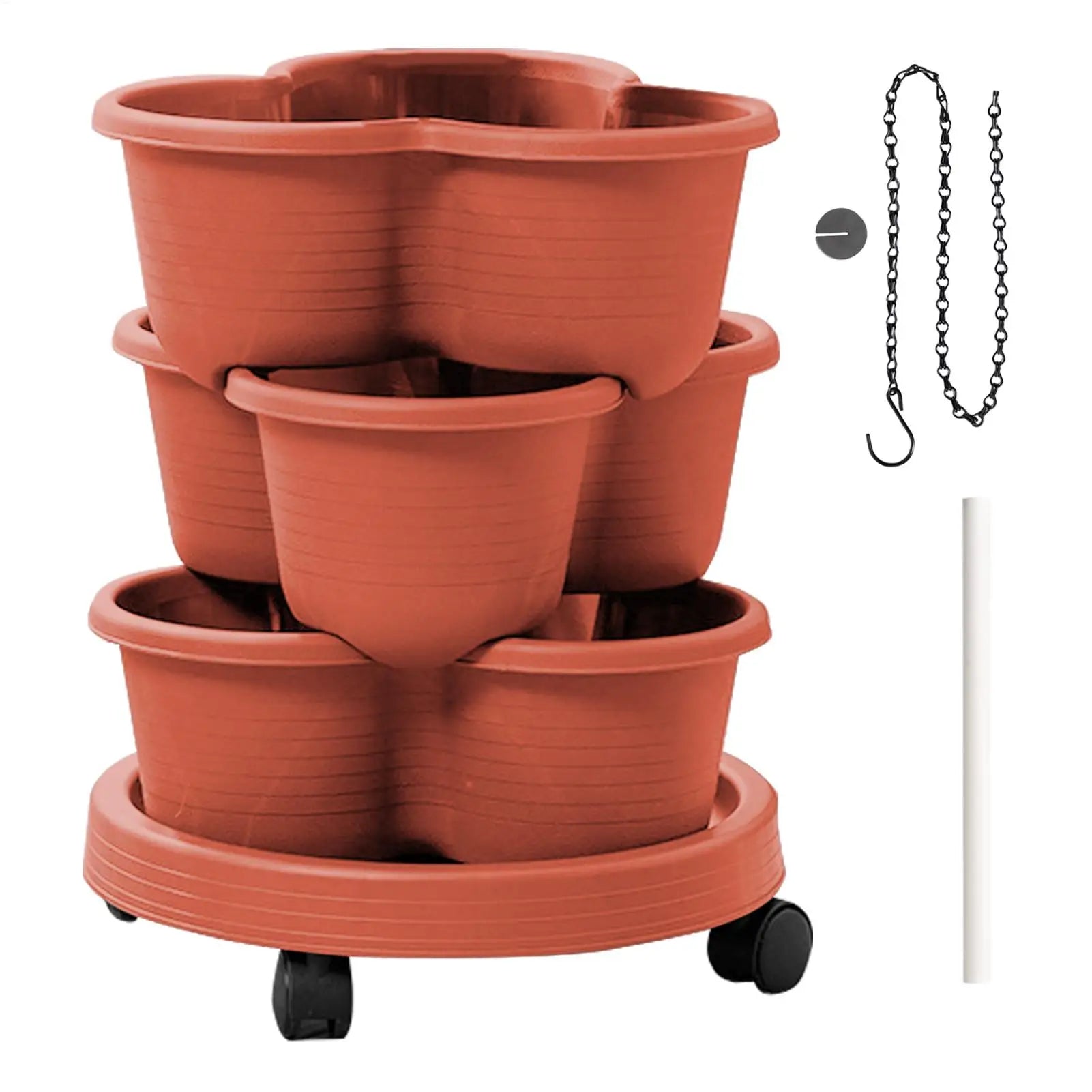Brick red stackable tiered planter tower with three pots and rolling wheels base.