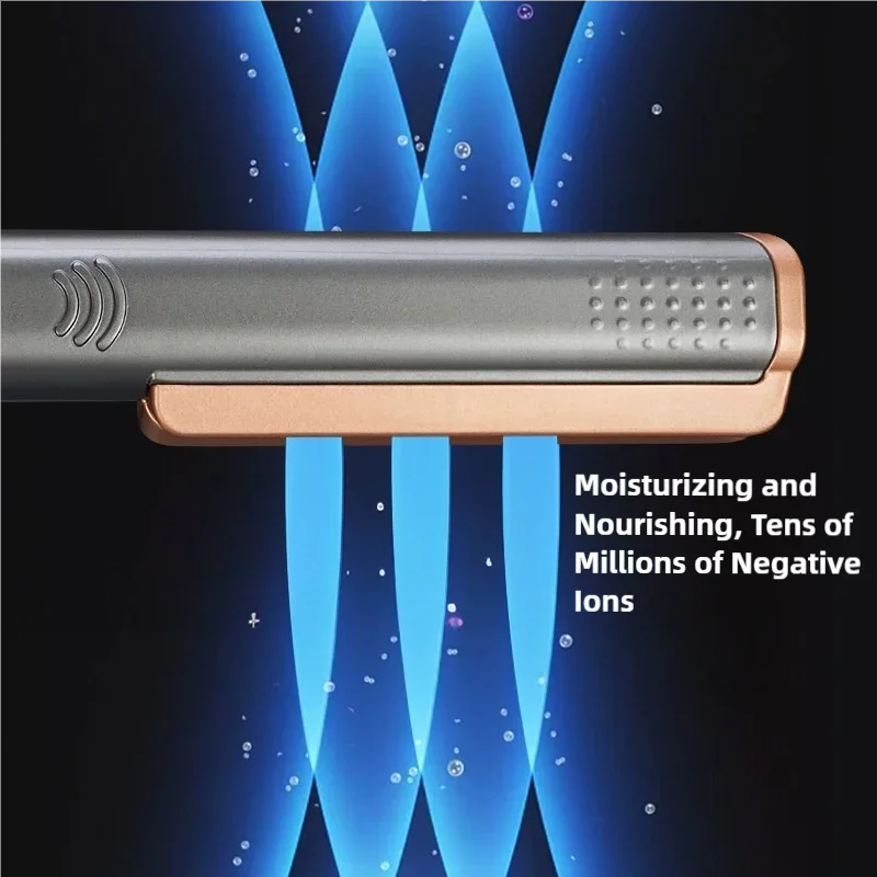 TINSOL 2-in-1 gray and rose gold negative ion hair straightener and curler releasing moisture-rich ions for sleek hair.