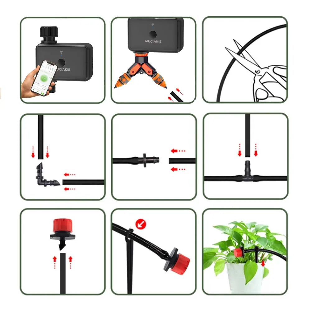 WiFi irrigation timer set with controller, orange tap splitter, tubing, and valve connection guides