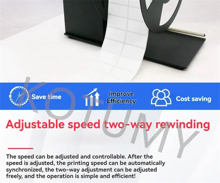 Adjustable speed label rewinder with dual reels and feeding white label tape