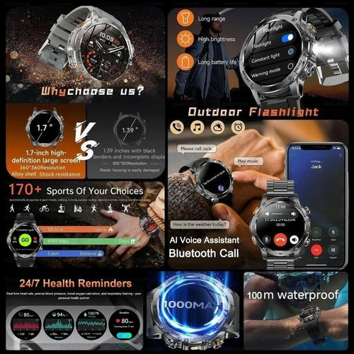 Smartwatch with silver metal band and round black dial with orange highlights