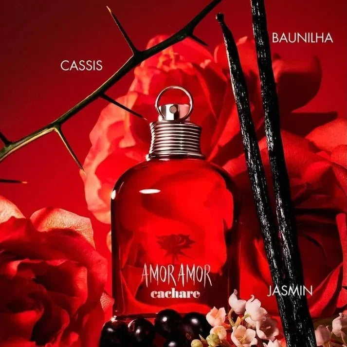 Cacharel Amor Amor 100ml EDT: red bottle, pheromone perfume for women with cassis, vanilla, and jasmine floral notes.