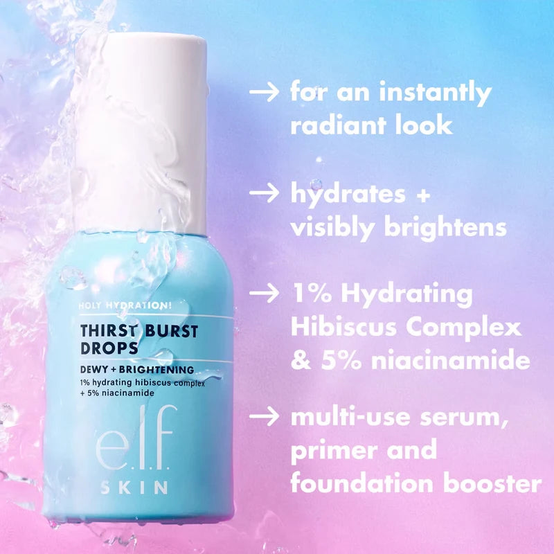 e.l.f. Skin Thirst Burst Drops serum with hibiscus and niacinamide in a blue bottle with water splash effect.