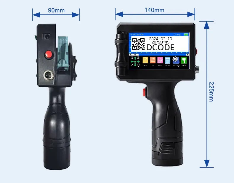 Handheld inkjet printer with rear and front views, red button, and mounted display