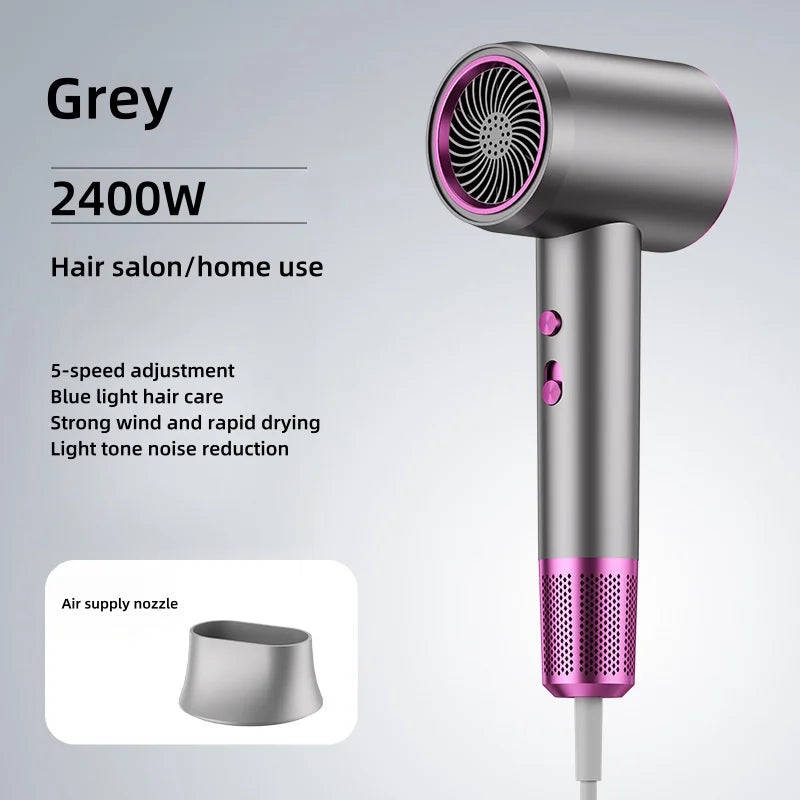 Grey 2400W high-speed hair dryer with blue light, 5 speeds, and nozzle attachment for salon-quality home hair care.