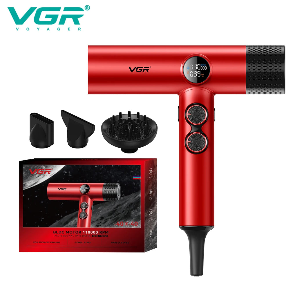 VGR V-401 professional red hair dryer with 110k RPM brushless motor, LED display, and three styling attachments.