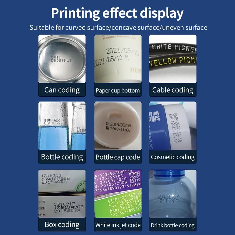 Inkjet printer printing effect display showing multiple coding sample examples