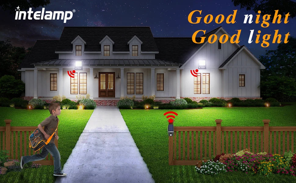 Intelamp 12000mah Long Battery Life Solar Lights With Super Large Solar Panel Faster Charging Two Motion Sensors Detect Wider&Longer For Garden Street Wall Yard