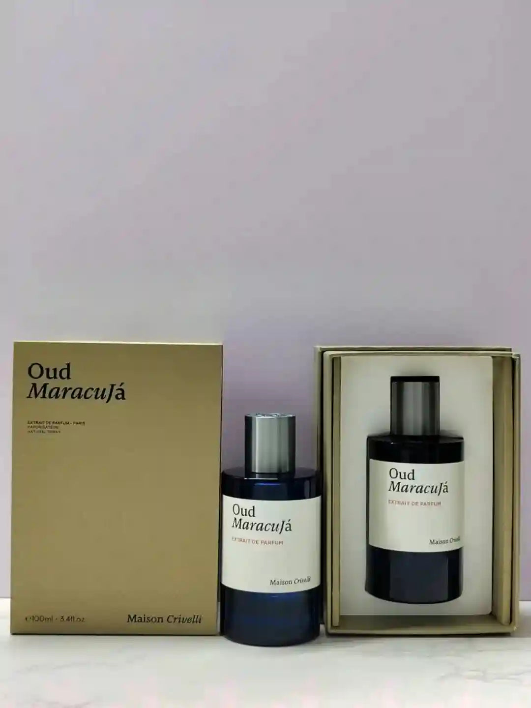 Maison Crivelli Oud Maracuja Extrait de Parfum 100ml: unisex exotic oud and passionfruit fragrance in a glass bottle.