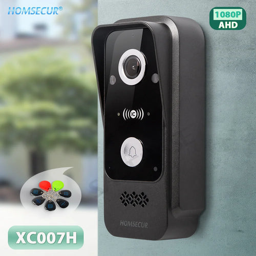 HOMSECUR video doorbell camera with front lens, IC card reader button, speaker grille