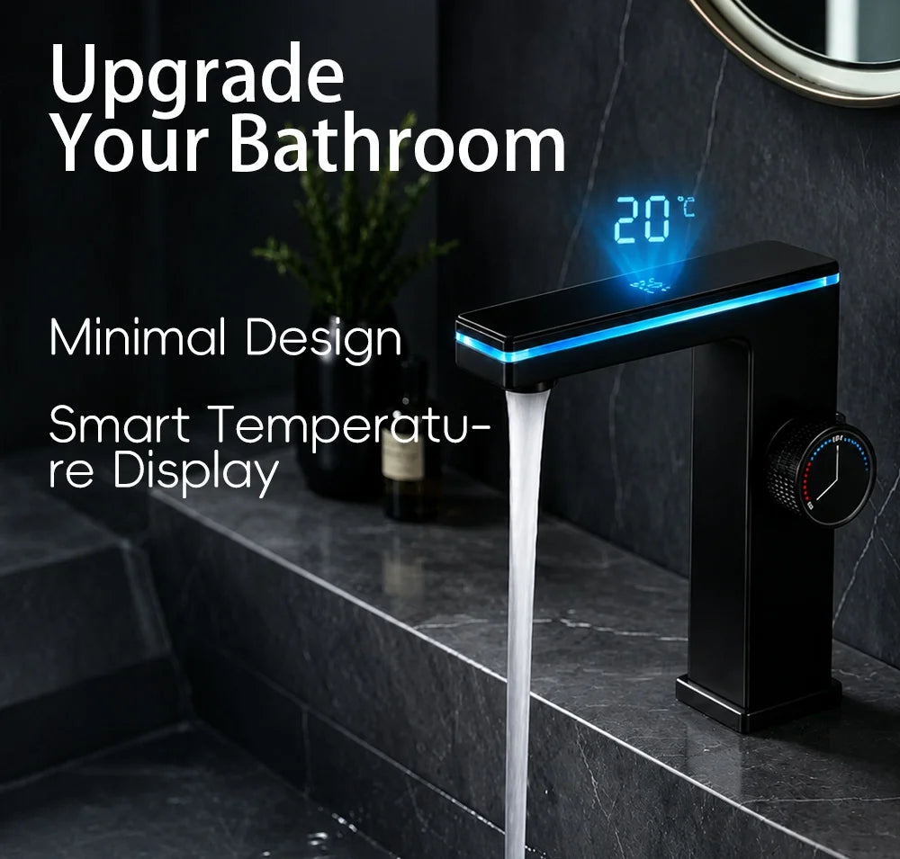 LED Digital Display Bathroom Faucet Deck Mounted Hot Cold Water Mixer Tap Smart Bathroom Sink Faucets Vanity Washbasin Faucet