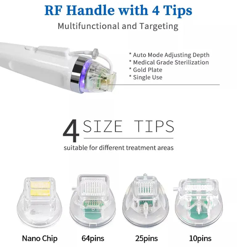 Portable fractional RF skin tightening handle with 4 interchangeable tips for anti-aging and wrinkle removal.