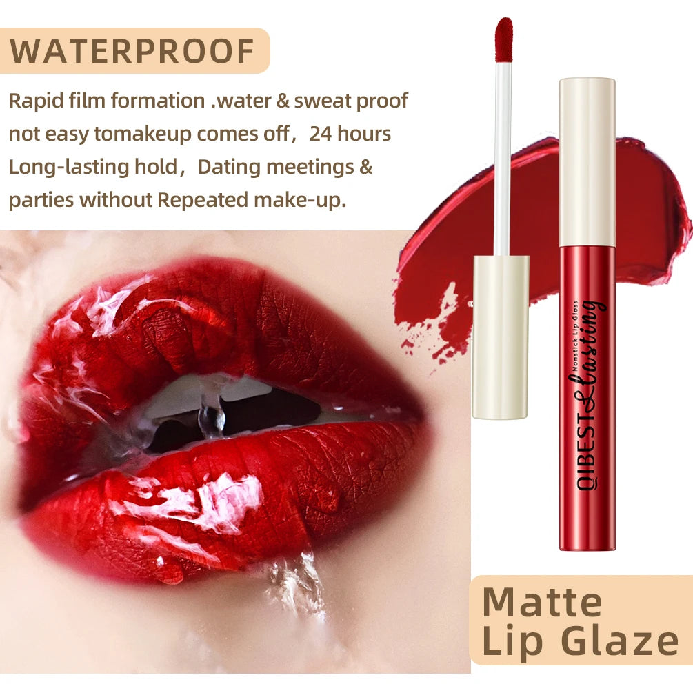 QIBEST waterproof sexy red liquid lipstick with velvet matte finish, long-lasting nonstick lip glaze and applicator.