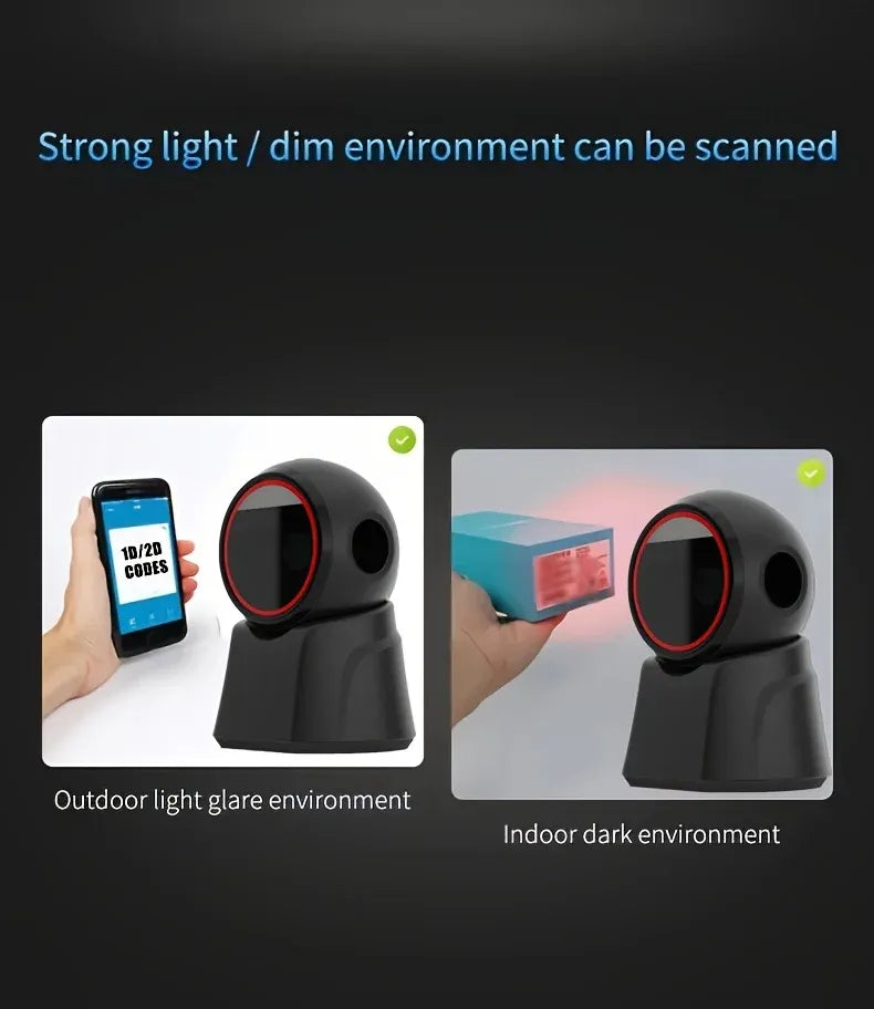 2D barcode scanner shown in bright and dim environments, black body with red LED ring