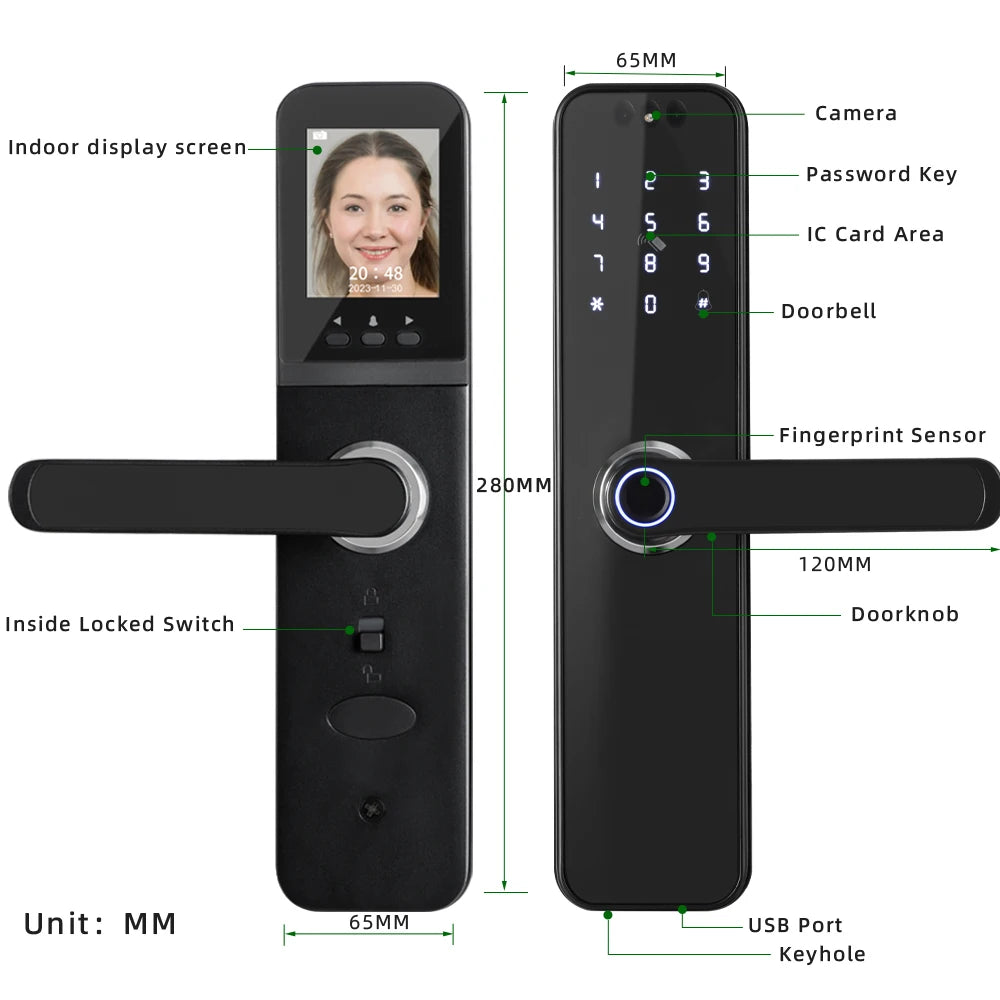 CDOK K12 Tuya WiFi smart door lock, remote unlocking, with cat-eye camera and face unlocking