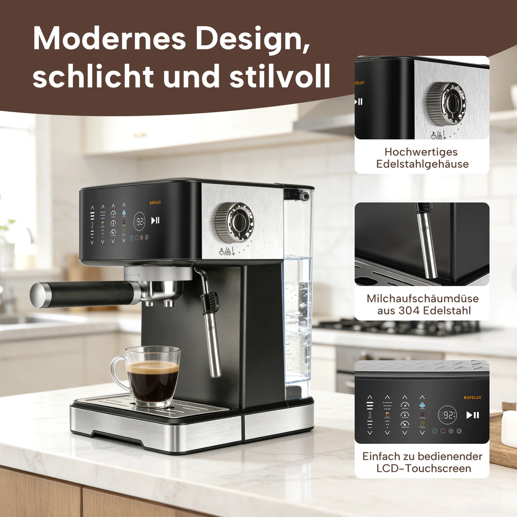 Kafelux espresso machine, black and stainless steel with LCD touchscreen, milk frother, and clear water tank.