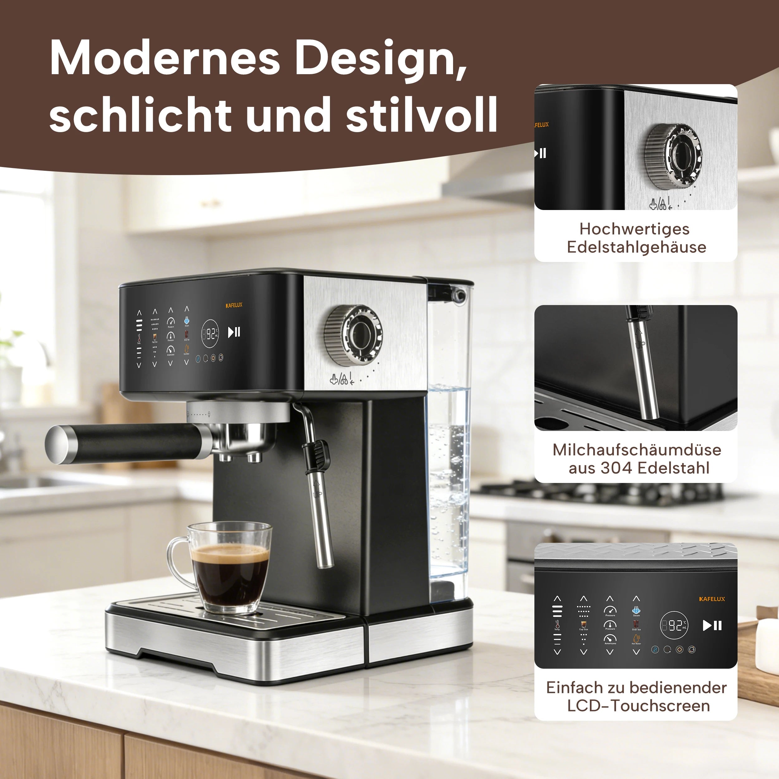 Kafelux stainless steel and black espresso machine with LCD touchscreen, milk frother, and visible water tank.