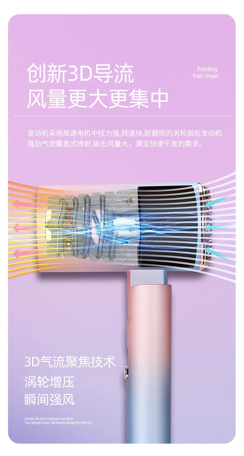 Blue-pink gradient foldable hair dryer with 3D airflow technology, ionic blue light, and high-power motor for drying.