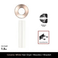 Professional ionic hair dryer, ceramic white, with smooth air nozzle and wall-mount bracket for easy blowouts.
