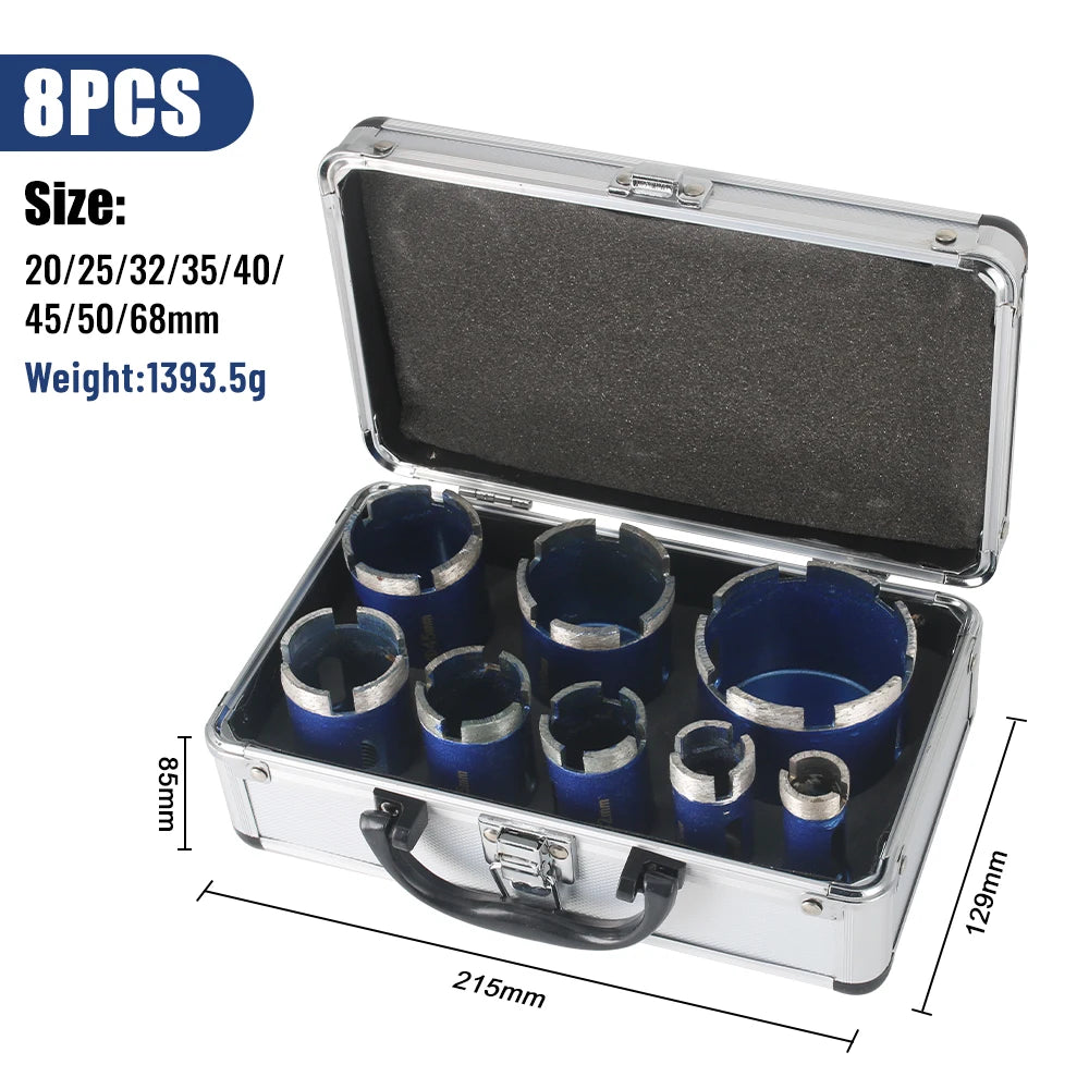 Diamond hole saw bit set in aluminum case with blue crowns, multiple sizes
