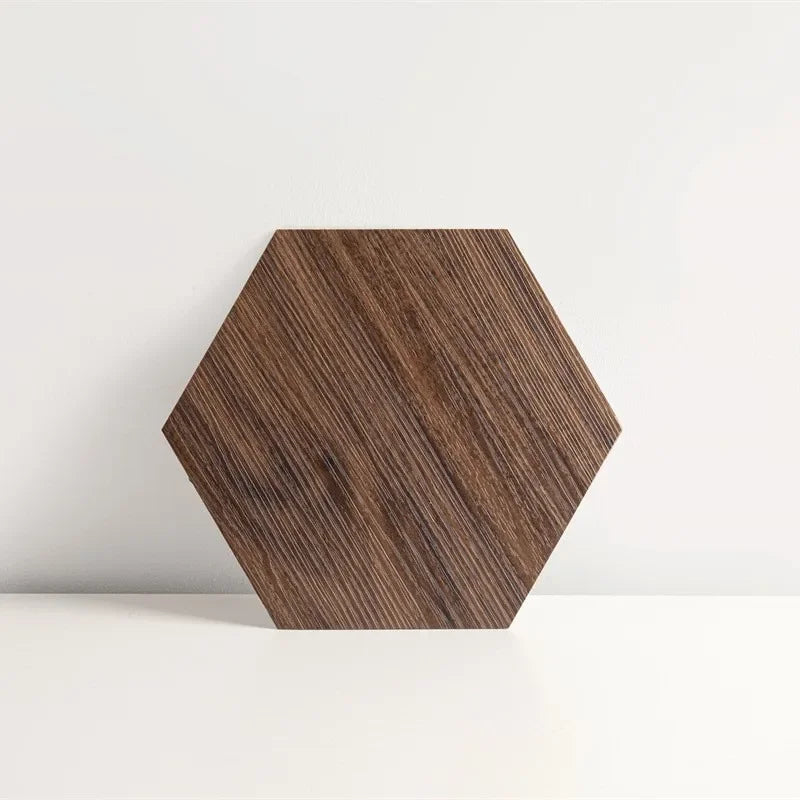 Hexagon wood-grain vinyl peel-and-stick floor tile, dark brown with diagonal wood striations